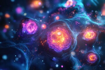 Cancer cells illuminated with glowing edges highlighting their intricate structures and surrounding environment. Generative AI