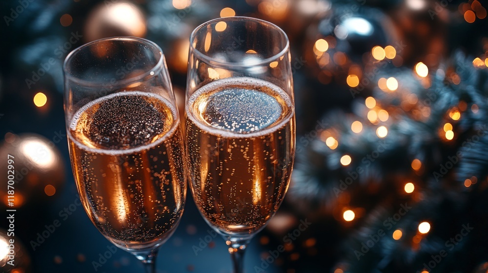 Poster two elegant glasses filled with sparkling beverage sit amidst a backdrop of twinkling lights and hol
