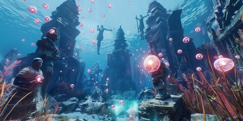 An underwater scene depicting ancient ruins with statues and glowing orbs, evoking a mystical atmosphere.