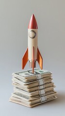 Obraz premium Toy rocket taking off from a stack of dollar bills representing successful investment, financial growth, and achieving new heights in business ventures