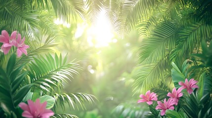 Obraz premium Bright Tropical Scene with Green Leaves and Exotic Flowers in Focus