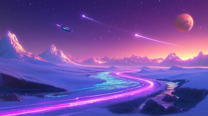 Surreal Neon Landscape with Cosmic Elements and Mystical Mountains
