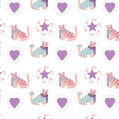 Pattern con graziosi gattini, cuori e stelle, colori pastello