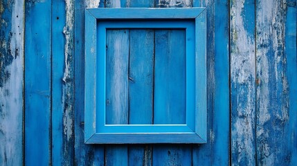 Empty blue frame on weathered blue wood planks.