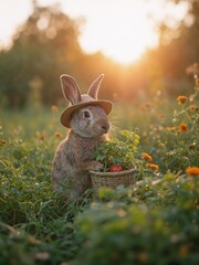 A charming rabbit in a hat harvests in the garden