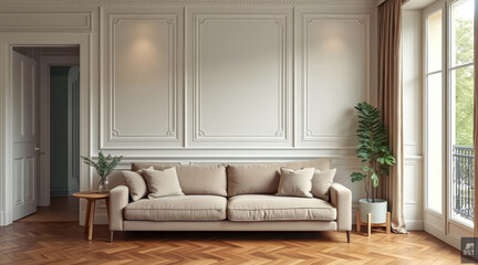 beige sofa elegant living room with detailed molding