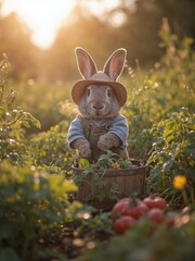A charming rabbit in a hat harvests in the garden