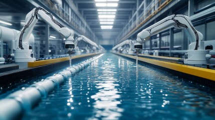 Fototapeta premium Industrial Robots in Automated Water Based Manufacturing Process