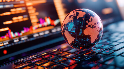 digital globe representing global finance and market trends on laptop keyboard, showcasing data analysis and investment strategies