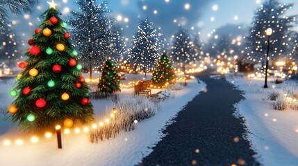 Obraz premium Winter Wonderland with Christmas Trees and Snowy Pathway at Night