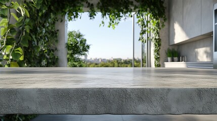 Modern Concrete Table Overlooking Lush Green Landscape and City