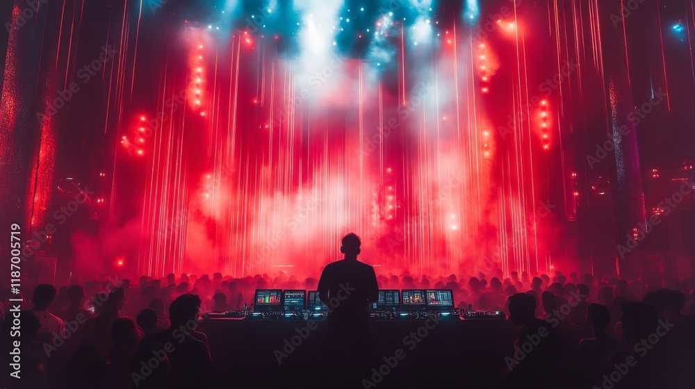 Poster a dj performs energetically at a nightclub, surrounded by a dense crowd. colorful lights illuminate 