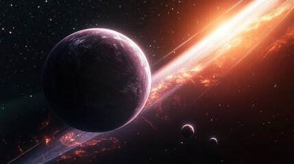 space scene, planets, moons, nebula, stars, cosmic dust, red giant star, celestial bodies, glowing atmosphere, astronomical art, cosmic landscape, outer space, science fiction, digital art, high detai