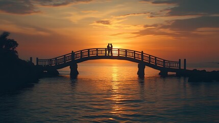 Obraz premium Silhouette Couple Stands on Bridge at Sunset