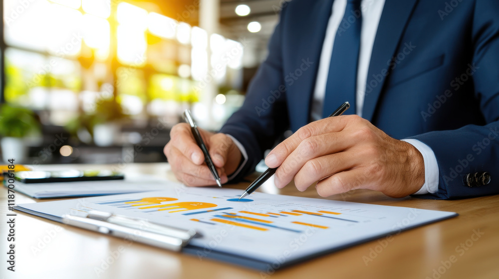Aufkleber Analyzing digital dashboards, business professional reviews data trends with pens in hand. workspace is bright and modern, reflecting productive atmosphere