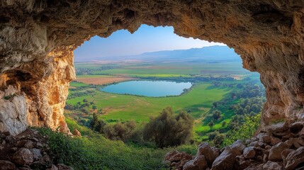 Fototapeta premium Cave view of tranquil valley lake at sunrise.