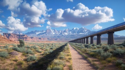 Elevated Pipeline Across Desert Landscape With Mountains