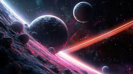 space scene, planets, moons, nebula, stars, cosmic dust, red giant star, celestial bodies, glowing atmosphere, astronomical art, cosmic landscape, outer space, science fiction, digital art, high detai