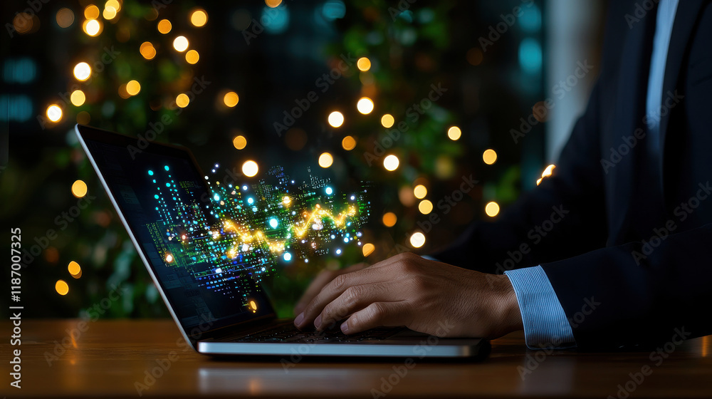 Leinwandbilder business professional working on laptop, creating digital data visualizations with vibrant colors an