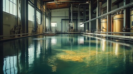 Fototapeta premium Industrial Building Interior With Large Pool Reflecting Machinery