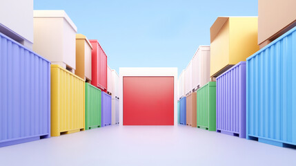A vibrant scene of colorful shipping containers aligned in a row, leading to a prominent red door under a clear blue sky.