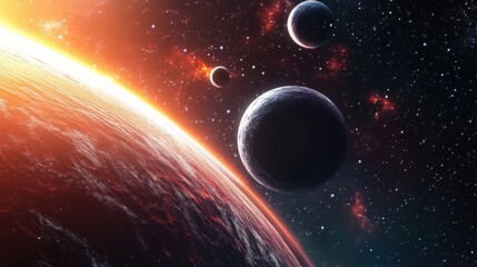 Obraz premium space scene, planets, moons, nebula, stars, cosmic dust, red giant star, celestial bodies, glowing atmosphere, astronomical art, cosmic landscape, outer space, science fiction, digital art, high detai