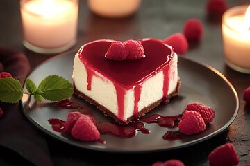 Heart-shaped cheesecake topped with raspberries and mint leaves on a dark plate, surrounded by lit candles, creates a romantic setting for valentine's day