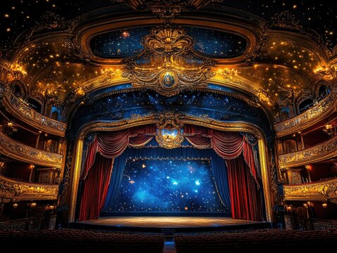 Ornate golden theatre stage, velvet curtains, starry backdrop. Ideal for theatrical, performance, or magical event promotion.
