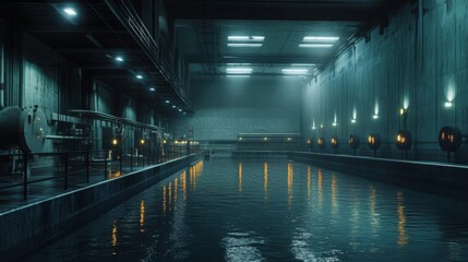 Obraz premium Dark Industrial Water Reservoir Interior Scene