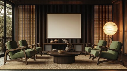 Modern Minimalist Living Room with Green Chairs and Wooden Table
