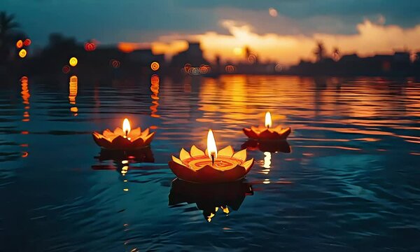 Floating lotus flower candles illuminating river at sunset