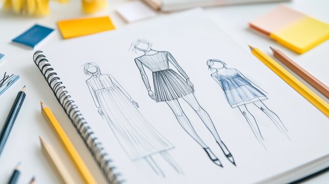 Fashion designer drawing sketches of women's dresses on a sketchbook, surrounded by pencils and color swatches, showcasing the creative process in the fashion industry