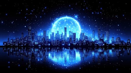 Enchanting City Skyline Under Moonlight with Starry Night Backdrop