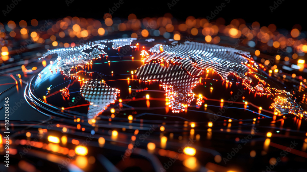 Aufkleber digital world map illuminated with vibrant lights, showcasing global connections and technology tren