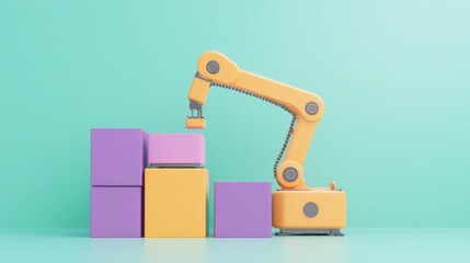 A robotic arm stacks colorful blocks against a soft teal background, showcasing automation and modern design in a playful setting.