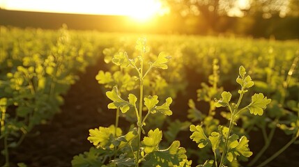 Fototapeta premium Golden sunset over young crop field, rural landscape.
