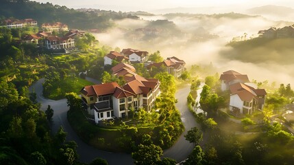 Hillside Homes Enveloped In Morning Mist