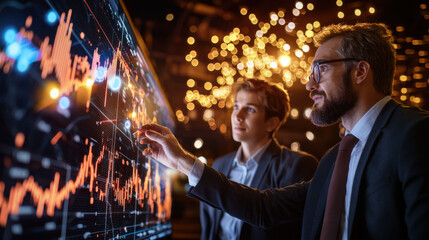 Business team analyzing global economic trends on digital screen, showcasing data visualization and collaboration in modern office environment