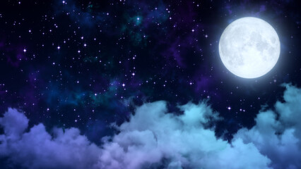 full moon and starry night sky with clouds meditation background,glowing and shiny stars  relaxing social media design element