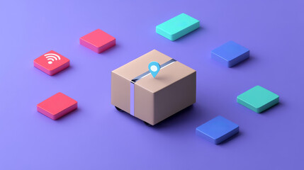 Obraz premium A cardboard box sits on a purple background, surrounded by colorful icons representing tracking, delivery, and technology.