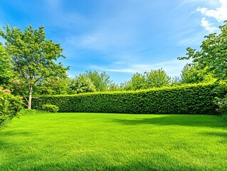 Obraz premium Lush Green Garden with Vibrant Trees and a Neat Hedge under a Sunny Sky