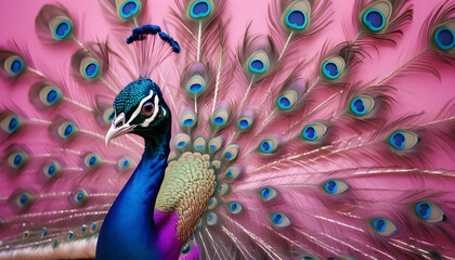 Obraz premium A vibrant blue peacock with its feathers fully spread, showcasing a stunning array of colorful eyes against a pink and purple background