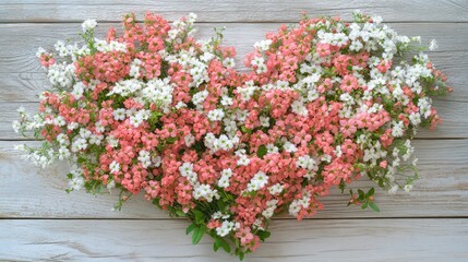 Heart-Shaped Arrangement of Pink and White Flowers on Wooden Surface