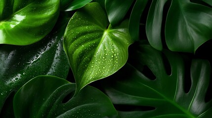 Close-up of Lush Green Tropical Leaves with Water Droplets