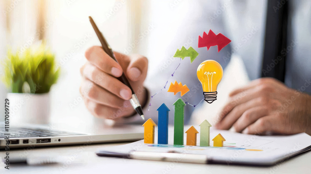 Leinwandbilder businessman using growth hacking strategies to boost performance, with charts and lightbulb symboliz