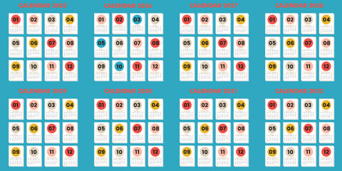 Minimalist eight-year calendar design from 2025 to 2032 with colorful circular month headers. Organization concept. Flat design.