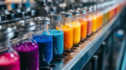 Colorful bottles filled with vibrant granular material line a metal conveyor