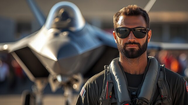 Pilot in Sunglasses Standing Before Fighter Jet at Airshow Event