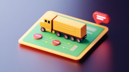 A colorful, stylized model of a yellow truck on a green platform with buttons, representing logistics or delivery concepts in a digital context.