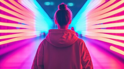 A person stands in a vibrant, neon-lit tunnel, with colorful lights radiating outward, creating a futuristic atmosphere.